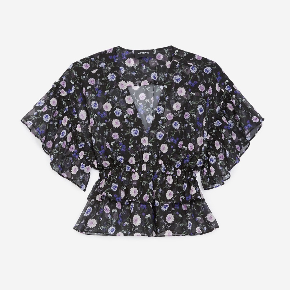 The Kooples Short Sleeve Black Sheet Blouse Floral Silk